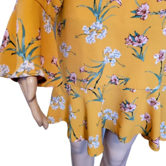 EXHILARATION Boho Mustard Floral Print Boho Dress Size Large - Picture 3 of 9